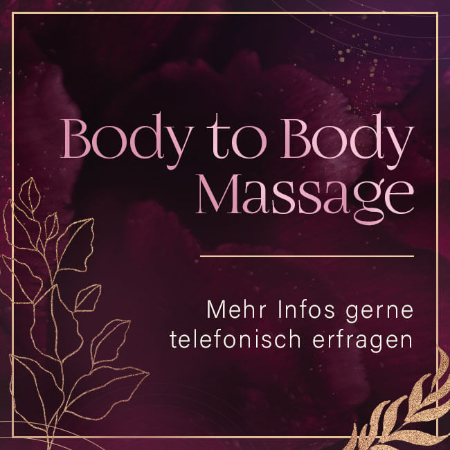 Eine dunkellila Gestaltung mit der Aufschrift "Body to Body Massagen, mehr Infos gerne telefonisch erfragen" und Blumenverzierung