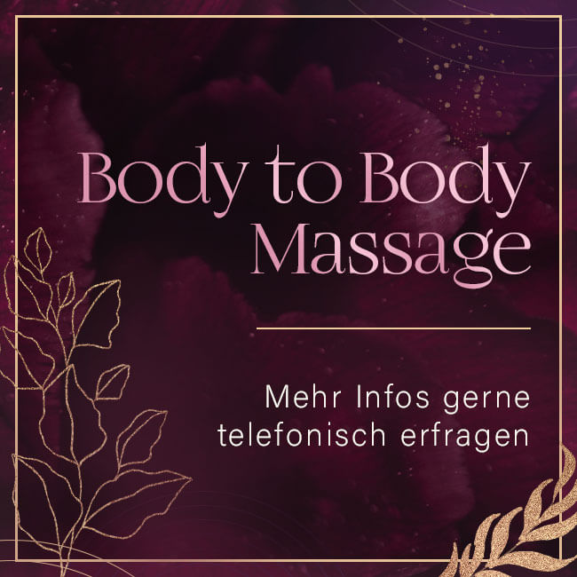 Eine dunkellila Gestaltung mit der Aufschrift "Body to Body Massagen, mehr Infos gerne telefonisch erfragen" und Blumenverzierung