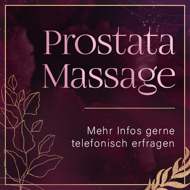 Eine dunkellila Gestaltung mit der Aufschrift "Prostata Massagen, mehr Infos gerne telefonisch erfragen" und Blumenverzierung